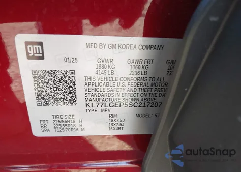 2025 Chevrolet Trax Fwd 1Rs z USA, uszkodzony, nr VIN KL77LGEP5SC217207